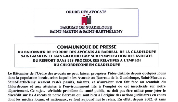 Communiqué du Bâtonnier sur le Chlordéconne le 12 septembre 2019