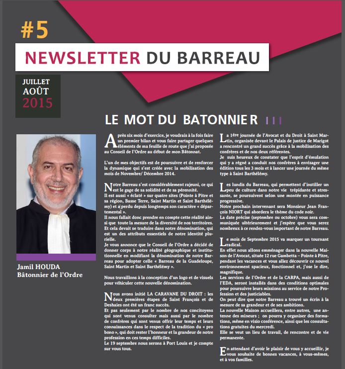 Newsletter du Barreau de Guadeloupe - Juillet-Aout 2015 