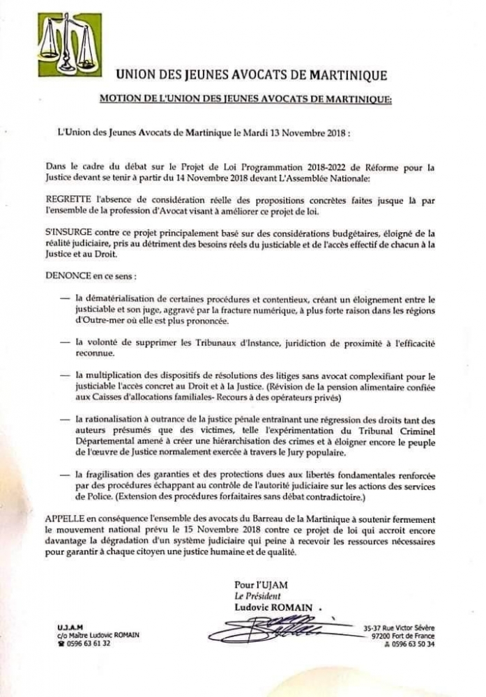 Réforme de la justice: L'Union des Jeunes Avocats de Martinique appelle à la mobilisation lors du mouvement national prévu le 15 novembre 2018.